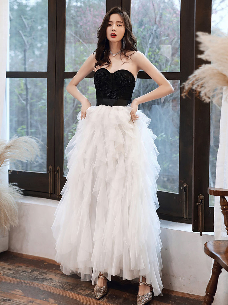 graduation dresses white and black White Tulle Sweetheart Long Prom Dress, White Formal Graduation Dresses US 4 / White