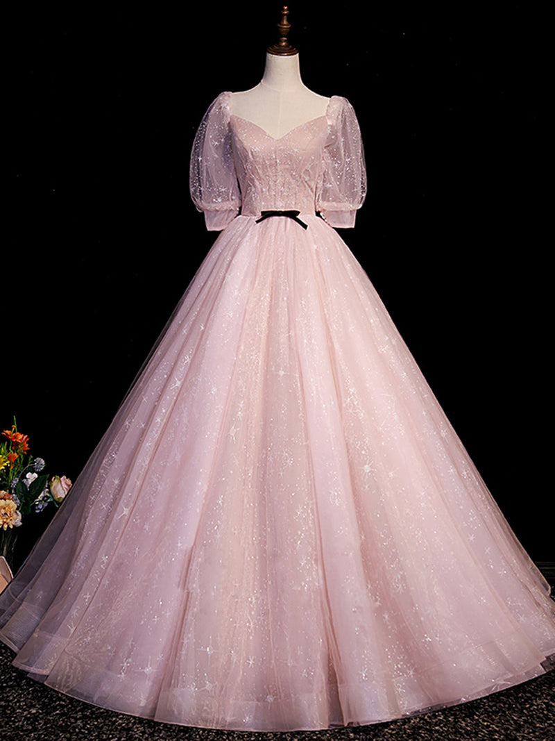 Pink V-Neck Tulle Long Prom Dress, A-Line Short Sleeves Evening Dress US 4 / Pink Pink V-Neck Tulle Long Prom Dress, A-Line Short Sleeves Evening Dress US 4 / Pink