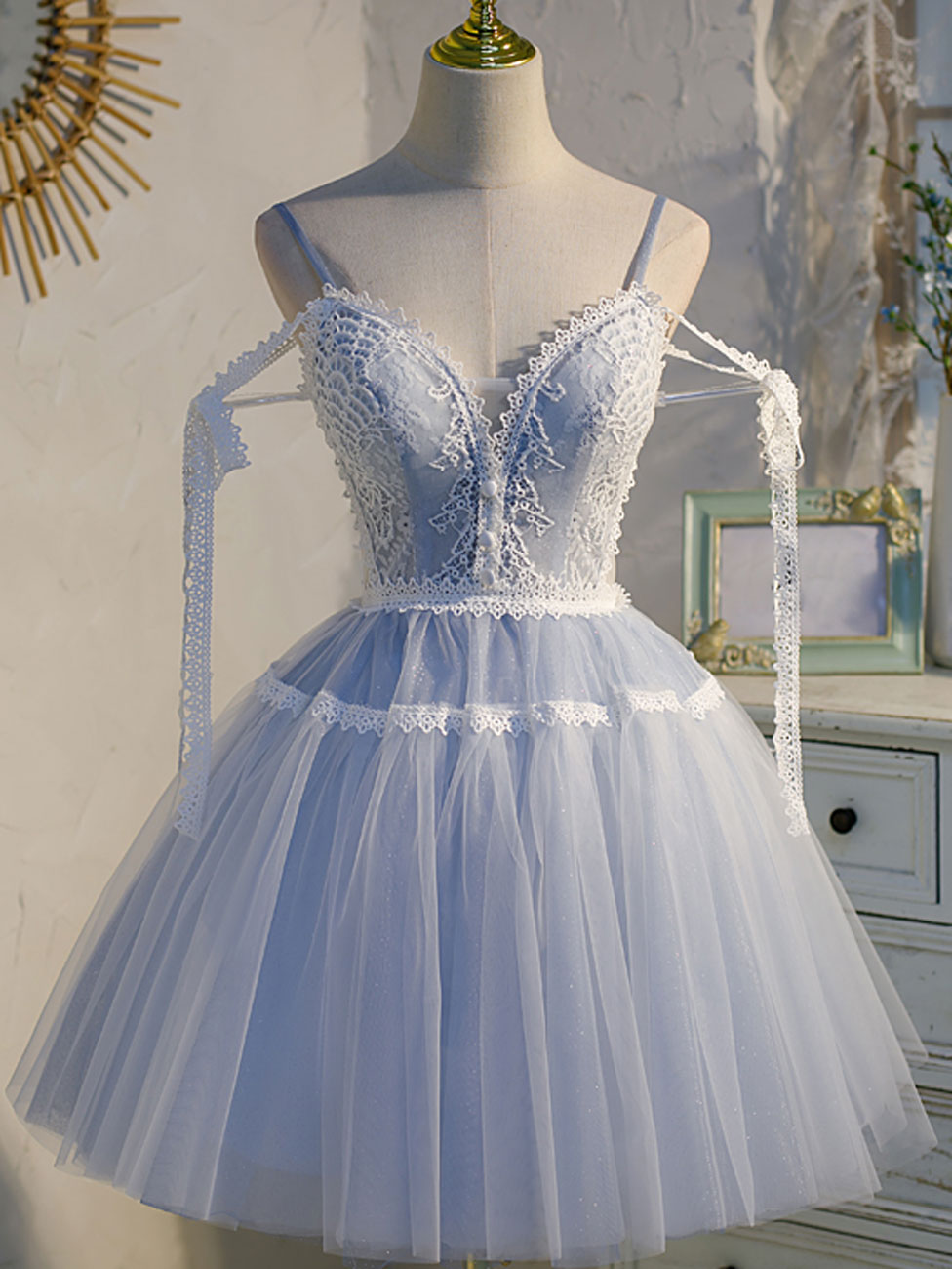 blue and white short prom dresses A Line V Neck Lace Dresses, Blue Puffy Homecoming Dres cute short light blue dresses