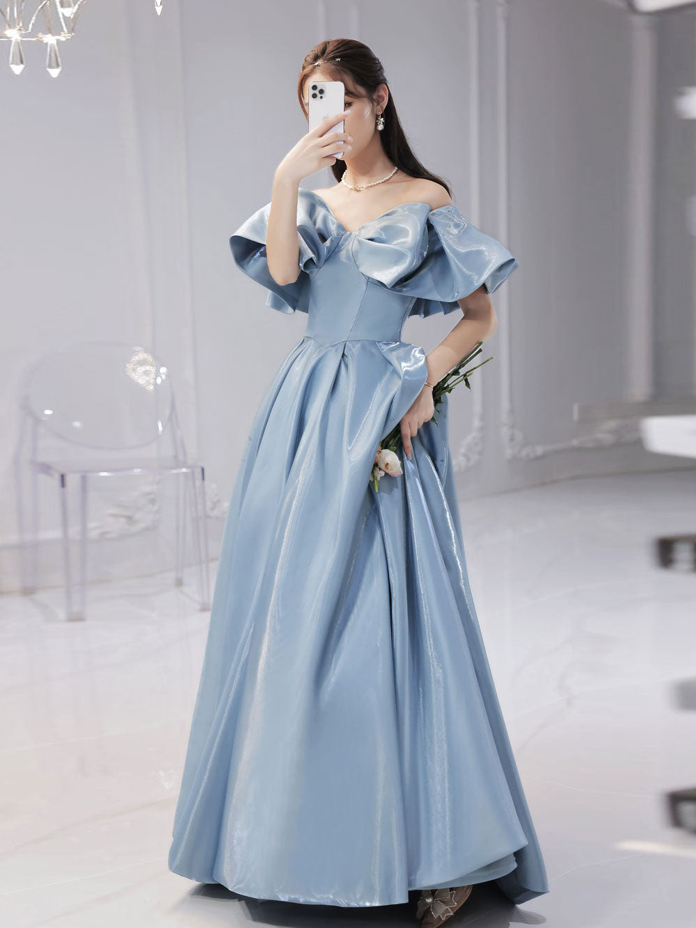 Simple Blue Satin Long Prom Dress, Blue Formal Graduation Dresses