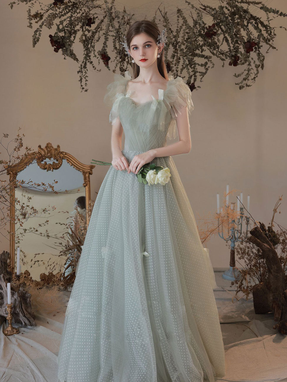 Green A Line Tulle Long Prom Dresses, Green Formal Graduation Dress
