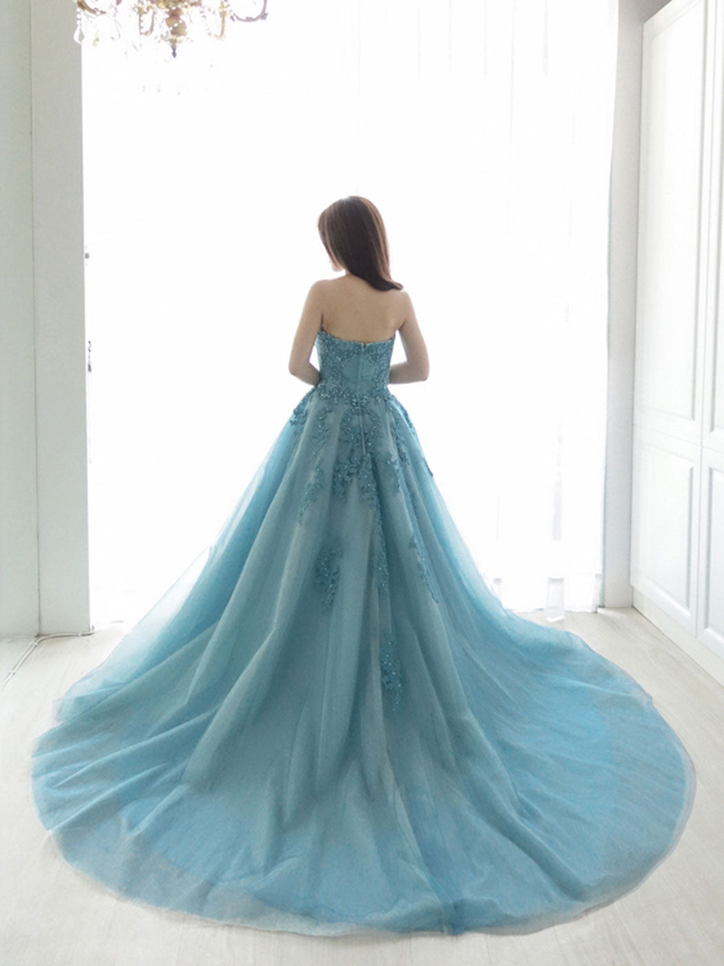 Blue Sweetheart Neck Tulle Lace Long Prom Dress, Blue Tulle Formal Dress