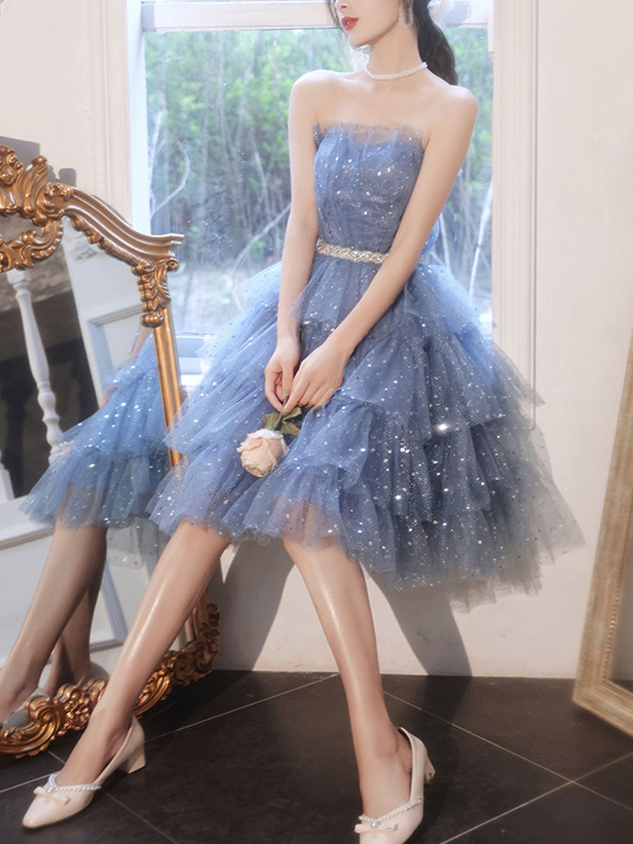 blue poofy homecoming dresses Tulle Sequin Short Prom Dress, Blue Puffy Cute – shopluu Blithe