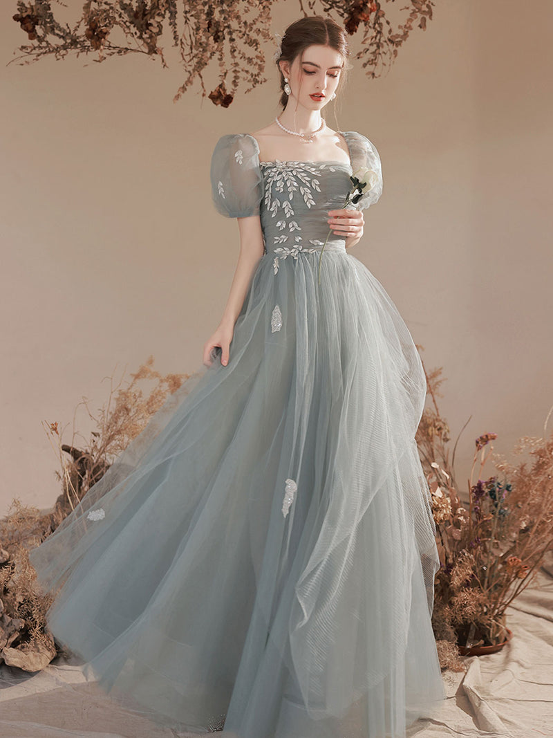 A-Line Square Neckline Gray Blue Long Prom Dress, Lace Formal Evening Dress US 16 / Gray Blue A-Line Square Neckline Gray Blue Long Prom Dress, Lace Formal Evening Dress US 16 / Gray Blue
