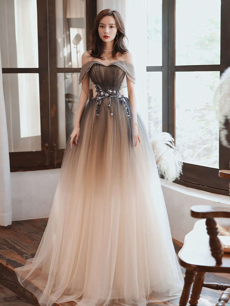 prom dresses that go with brown hair A Line Long Dresses, Off Shoulder Brown Formal Graduation D Blonde hair