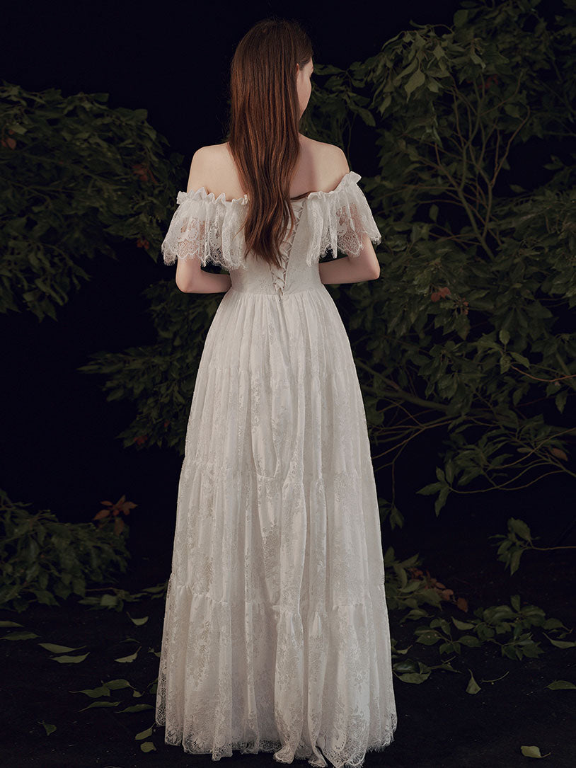 Simple ivory Lace Long Prom Dress, ivory Lace Bridesmaid Dresses