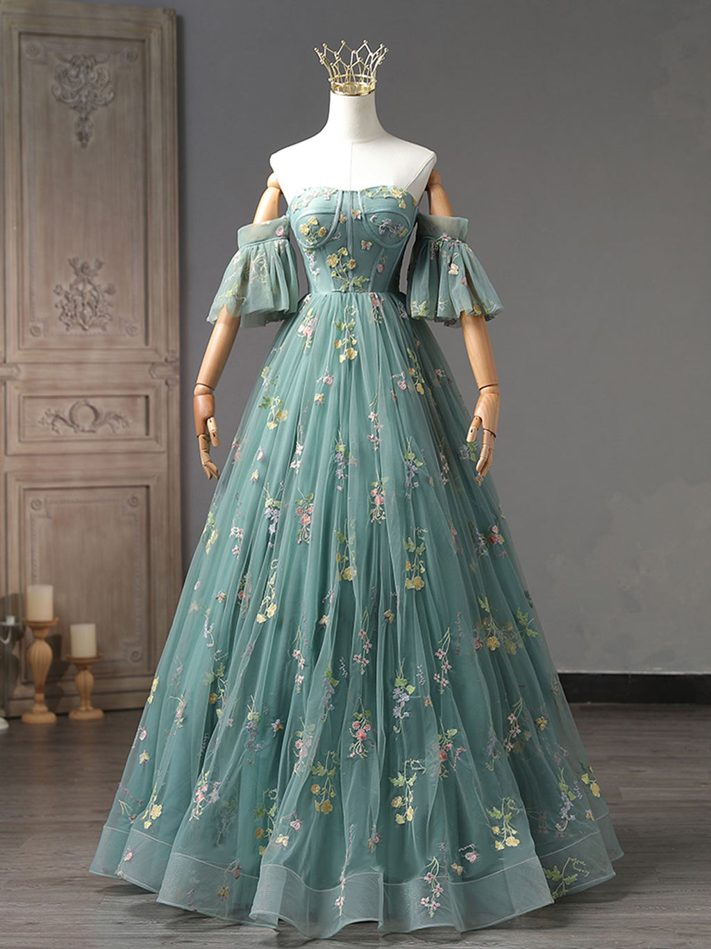 A-Line Sweetheart Neck Green Long Prom Dresses, Green Lace Formal Dress