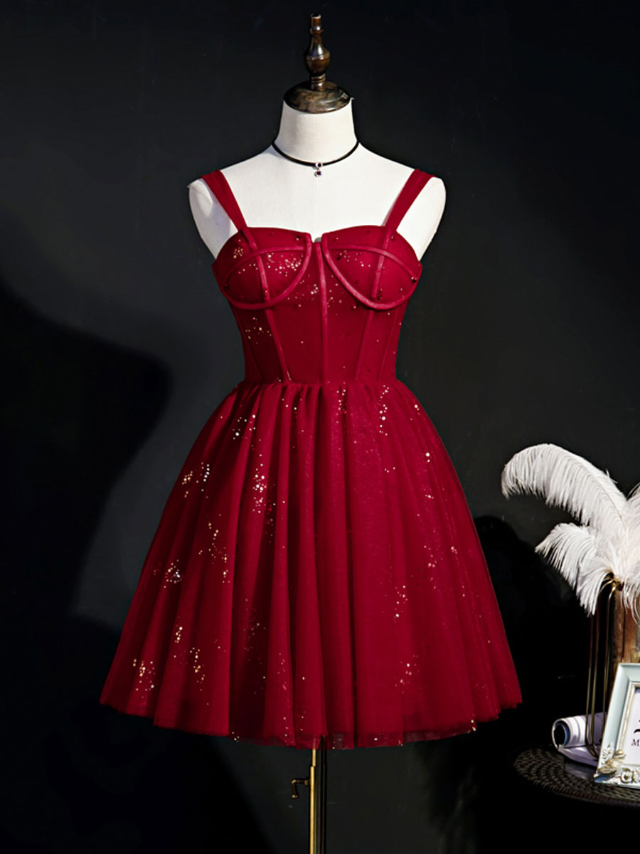 Burgundy Sweetheart Neck Tulle Sequin Short Prom Dress, Puffy Cute Homecoming Dresses