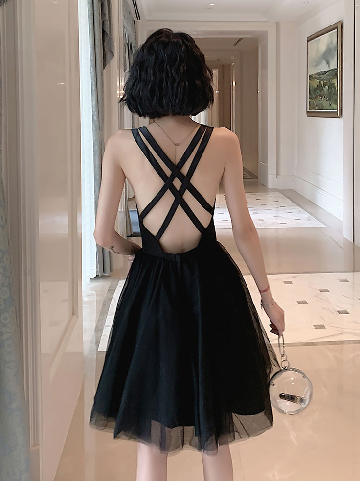 Black Backless Tulle Short Prom Dress, Black Homecoming Dresses US 6 / Black Black Backless Tulle Short Prom Dress, Black Homecoming Dresses US 6 / Black