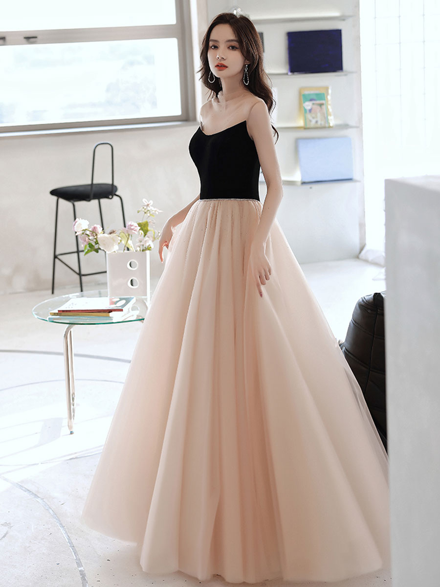Simple Champagne Long Prom Dresses, Champagne Tulle Formal Dresses