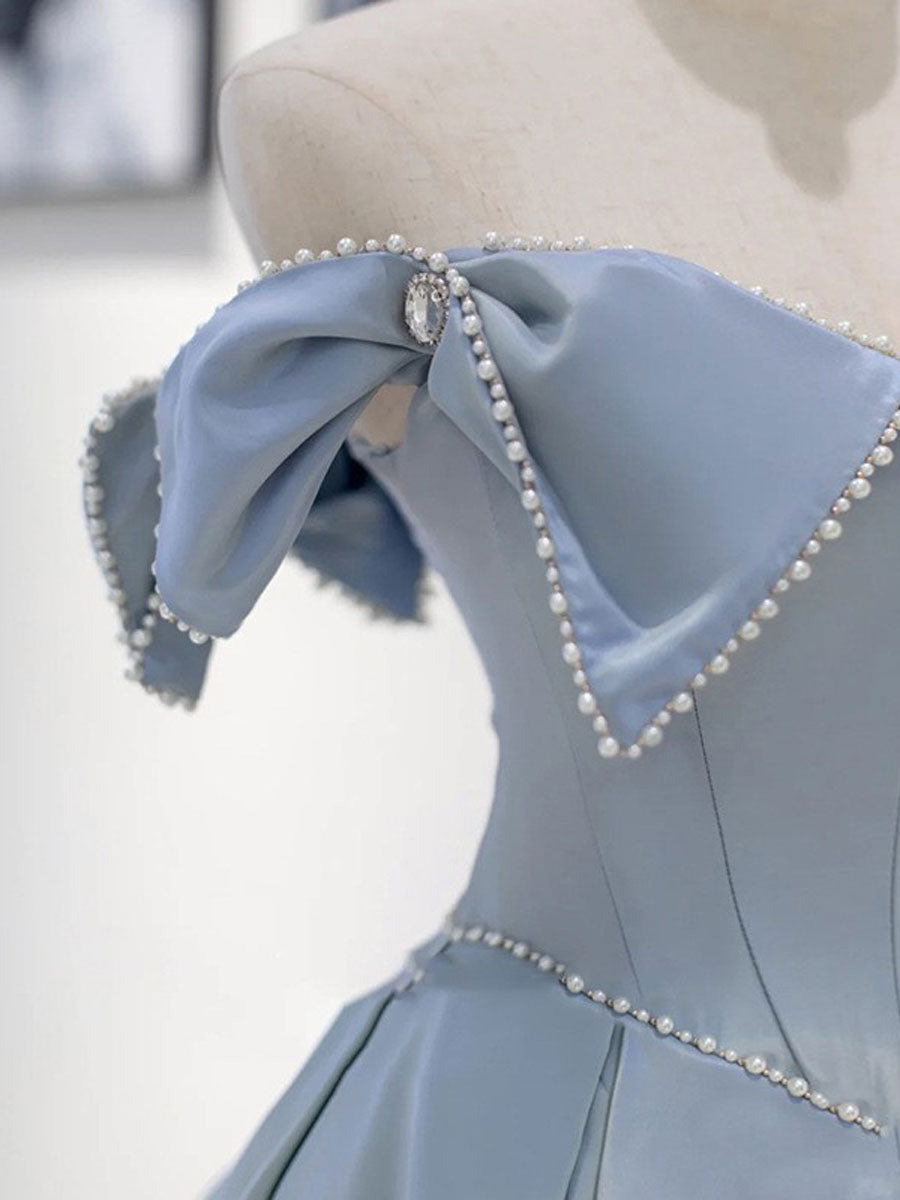 A-Line Blue Satin Long Prom Dress, A line Blue Formal Graduation Party Dress
