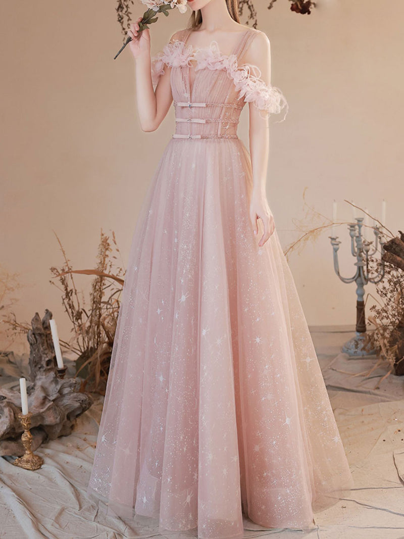 A Line Pink Long Prom Dresses, Off Shoulder Pink Formal Dress with Beading Flowers A Line Pink Long Prom Dresses, Off Shoulder Pink Formal Dress with Beading Flowers