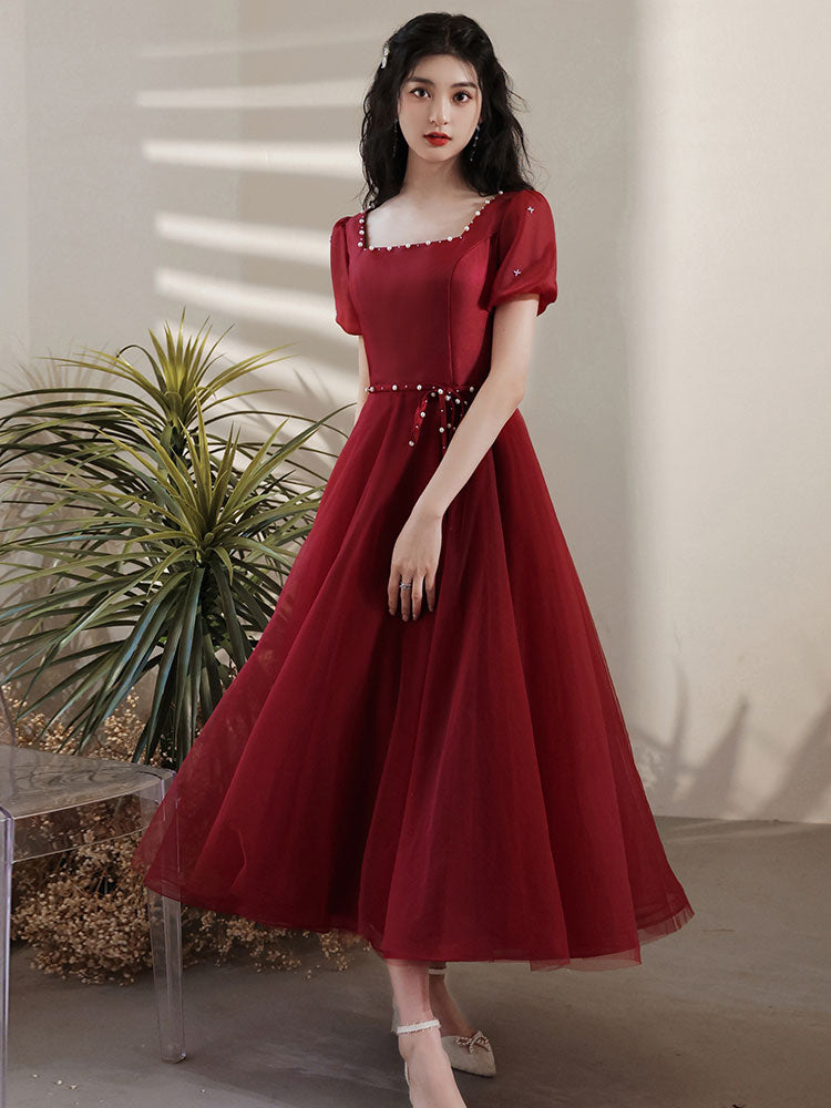 Simple Tea Length Burgundy Prom Dress, Burgundy Graduation Dresses US 4 / Burgundy Simple Tea Length Burgundy Prom Dress, Burgundy Graduation Dresses US 4 / Burgundy