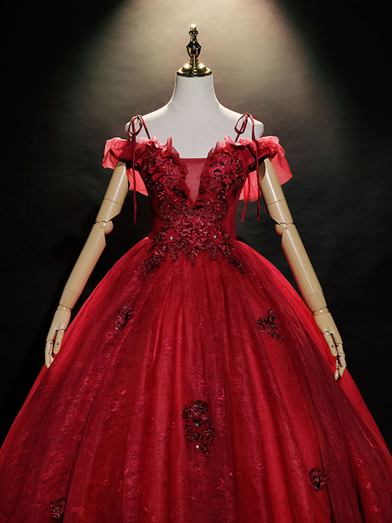 burgundy lace off the shoulder prom dress Burgundy Tulle Lace Off Shoulder Tulle Long Prom Dress Evening Dress US 14 / Burgundy