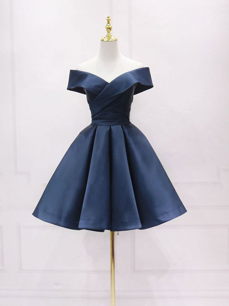 Simple Off Shoulder Satin Dark Blue Short Prom Dress, Blue Homecoming Dress Custom Size / Custom Color Simple Off Shoulder Satin Dark Blue Short Prom Dress, Blue Homecoming Dress Custom Size / Custom Color