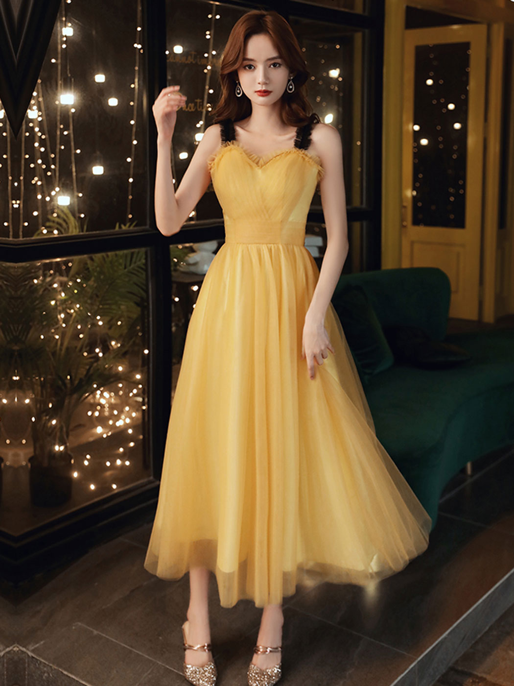 Simple Yellow Sweetheart Neck Tea Length Prom Dress, Yellow Formal Dre