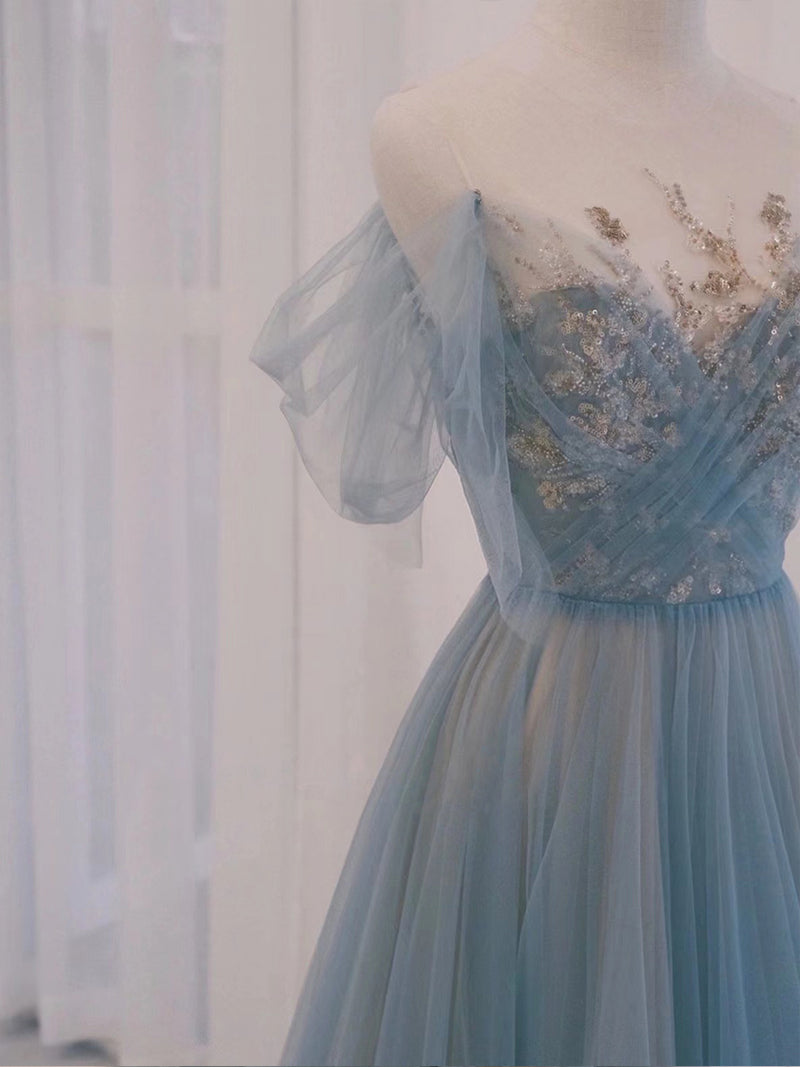A-Line Scoop Neckline Tulle Gray Blue Long Prom Dress with Sequin shopluu A-Line Scoop Neckline Tulle Gray Blue Long Prom Dress with Sequin shopluu