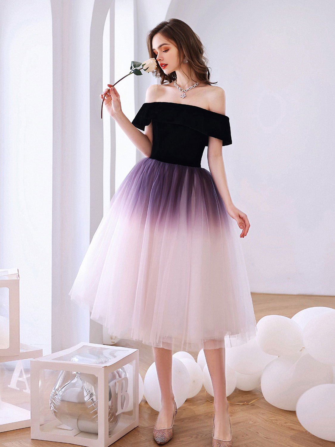 formal dresses poofy Purple Off Shoulder Tulle Short Puffy Prom Dresses, Puffy Purple Homec – shopluu secret zipper