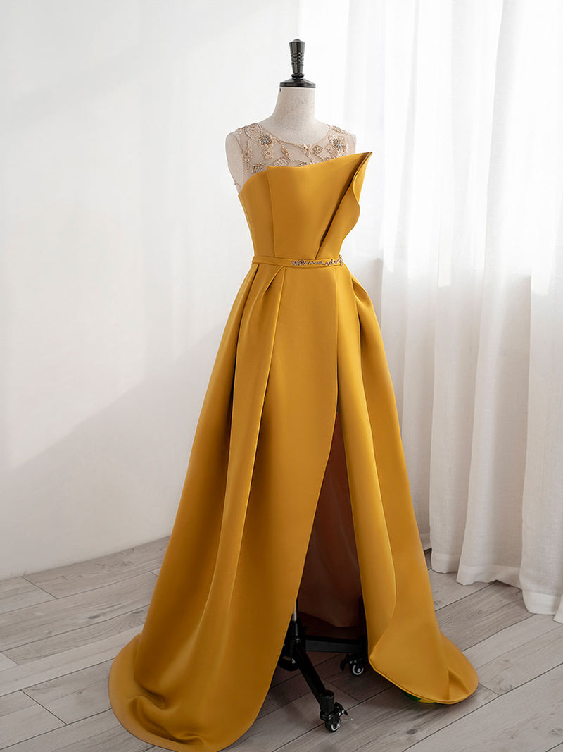 formal yellow dresses for women Scoop Neckline Satin Yellow Long Prom Dresses, Yellow Formal with Beading Sequin US 16 / Custom Color