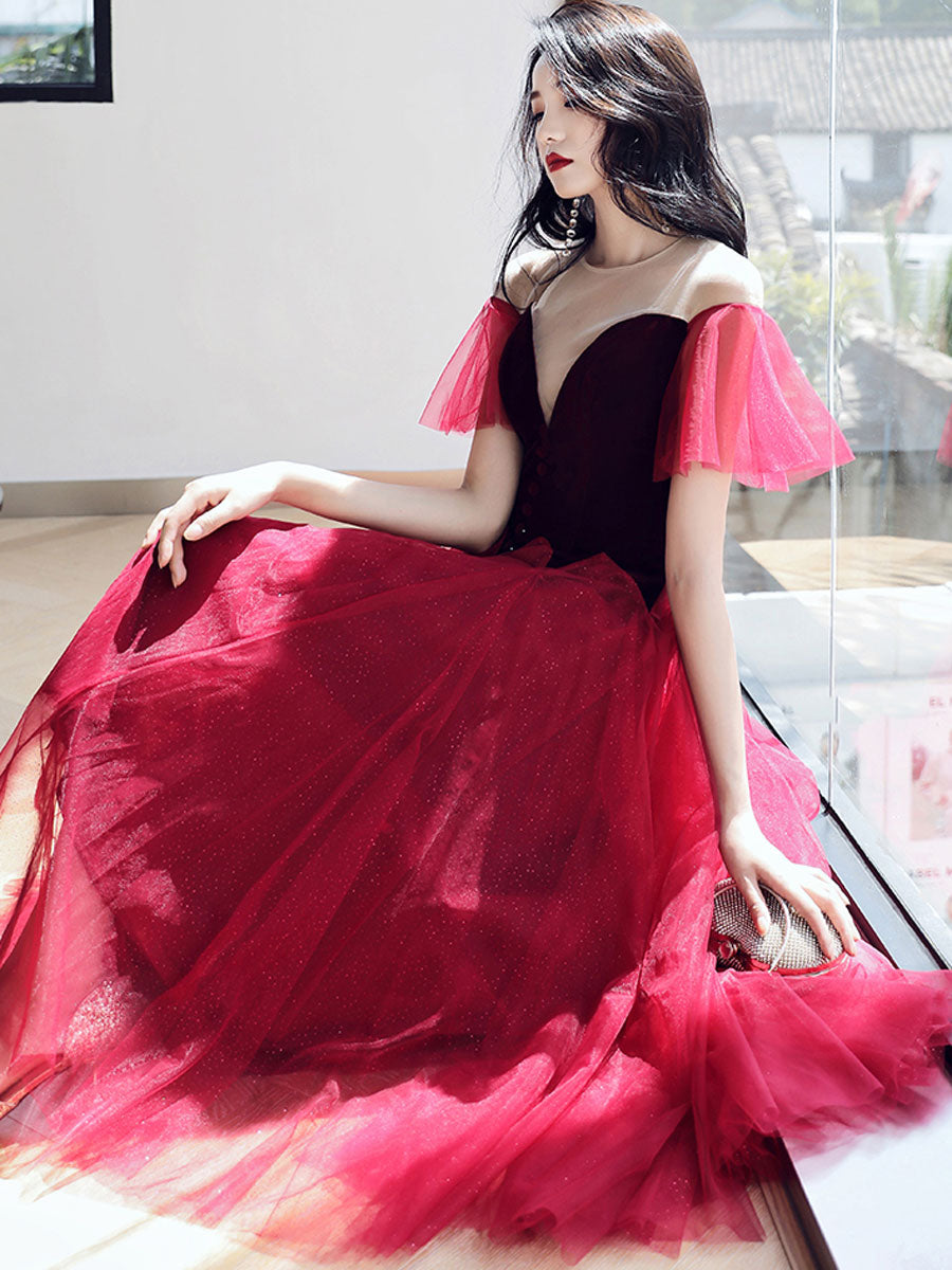 Burgundy Round Neck Velvet Short Prom Dress, Puffy Burgundy Homecoming Dress