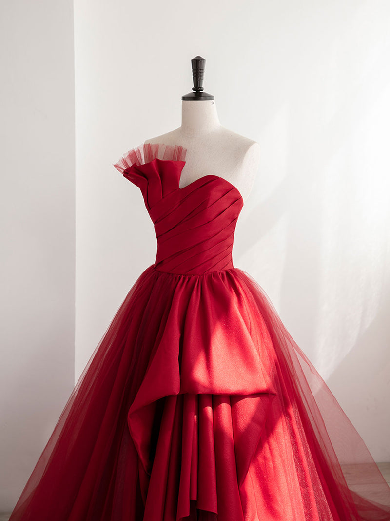 Burgundy Satin Tulle Long Prom Dresses, Burgundy Formal Evening