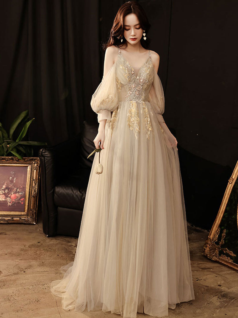 Champagne Tulle Lace Long Prom Dress, Champagne Formal Dresses shopluu Champagne Tulle Lace Long Prom Dress, Champagne Formal Dresses shopluu