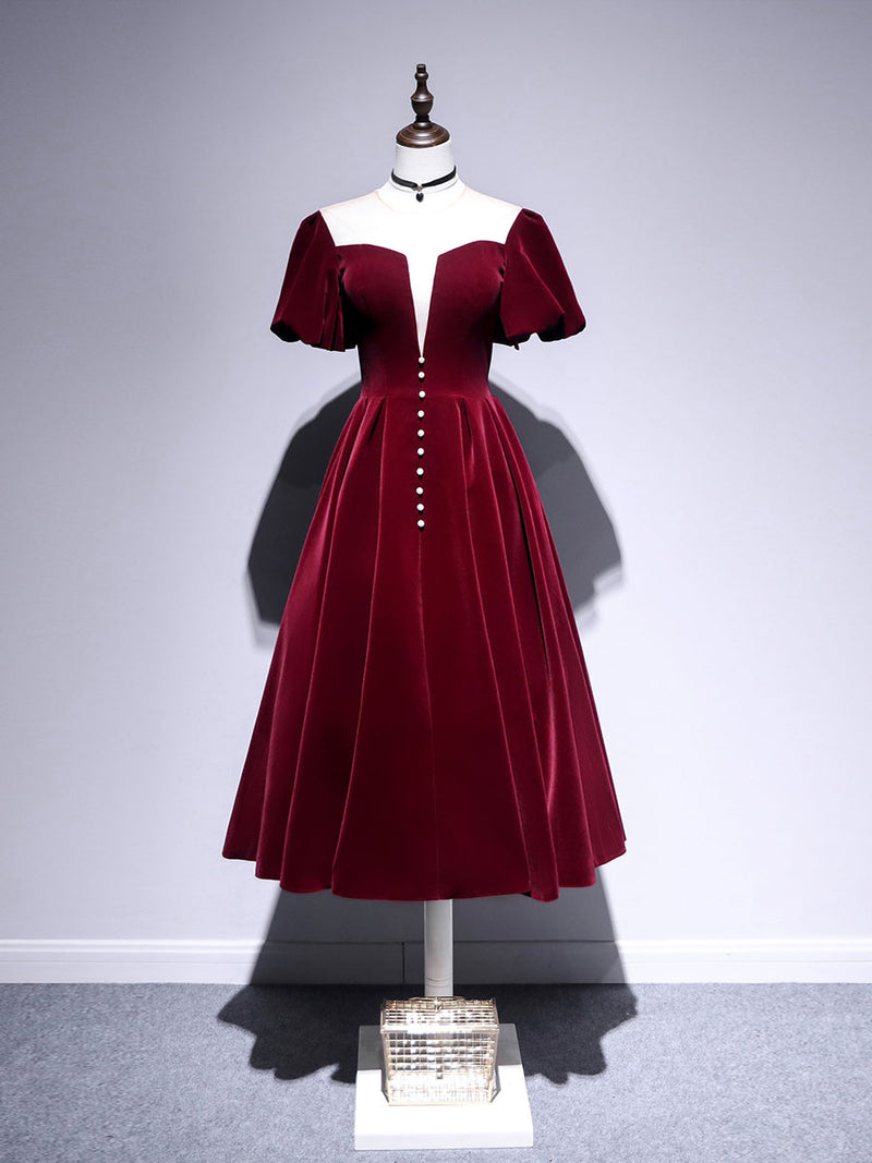 A line Velvet Tea Length Prom Dresses, Burgundy Velvet Bridesmaid Dresses US 16 / Custom Color A line Velvet Tea Length Prom Dresses, Burgundy Velvet Bridesmaid Dresses US 16 / Custom Color