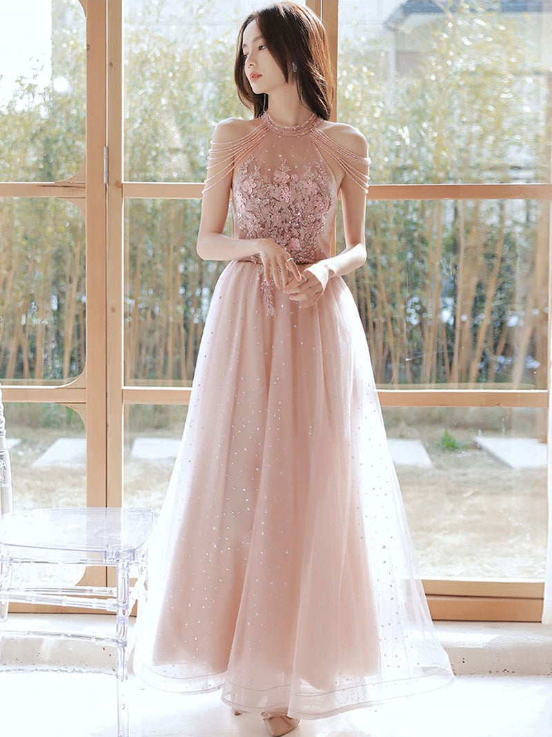 A-Line Pink Tulle Lace Tea Length Prom Dress, Pink Tulle Formal Dresses US 4 / Pink A-Line Pink Tulle Lace Tea Length Prom Dress, Pink Tulle Formal Dresses US 4 / Pink