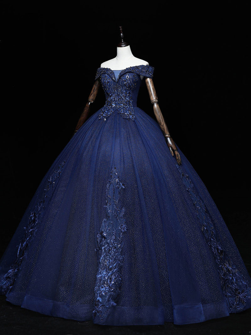 Dark Blue Off Shoulder Tulle Lace Long Prom Gown, Blue Sweet 16 Dress With Beading Sequin US 12 / Custom Color Dark Blue Off Shoulder Tulle Lace Long Prom Gown, Blue Sweet 16 Dress With Beading Sequin US 12 / Custom Color