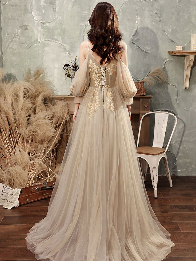 Champagne Tulle Lace Long Prom Dress, Champagne Formal Dresses Custom Size / Champagne Champagne Tulle Lace Long Prom Dress, Champagne Formal Dresses Custom Size / Champagne