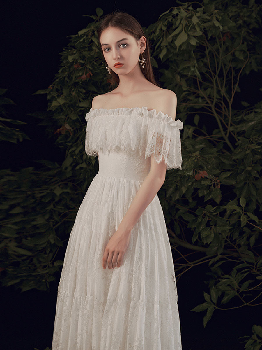 Simple ivory Lace Long Prom Dress, ivory Lace Bridesmaid Dresses