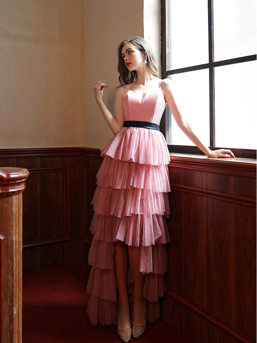 Pink V Neck High Low Long Prom Dress, Pink Tulle Formal Graduation Dresses
