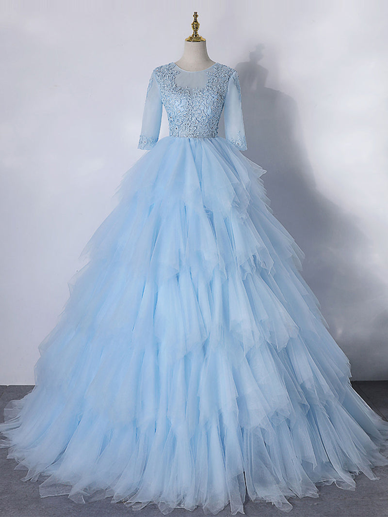 Blue A-Line Tulle Lace Long Prom Dress, Blue Lace Formal Evening Dress shopluu Blue A-Line Tulle Lace Long Prom Dress, Blue Lace Formal Evening Dress shopluu