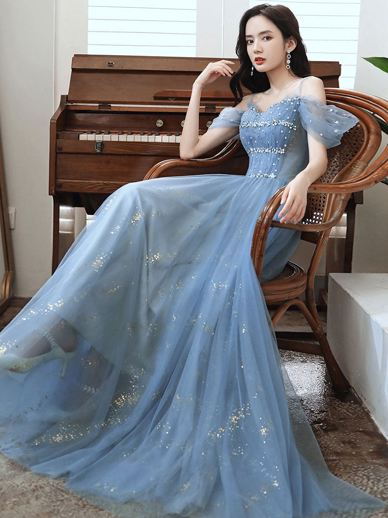 long party dresses A line Off Shoulder Sequin Blue Long Prom Dress, Blue Long Party Evening Dresses US 16 / Gray Blue
