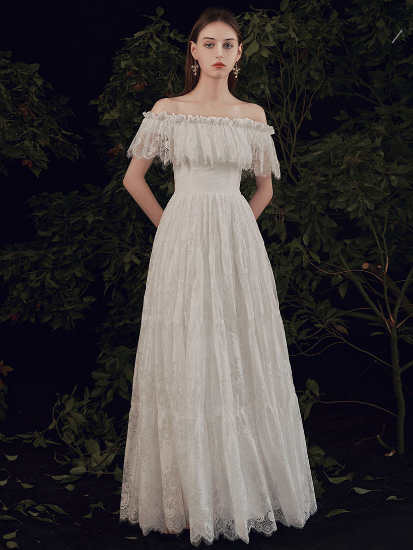Simple ivory Lace Long Prom Dress, ivory Lace Bridesmaid Dresses
