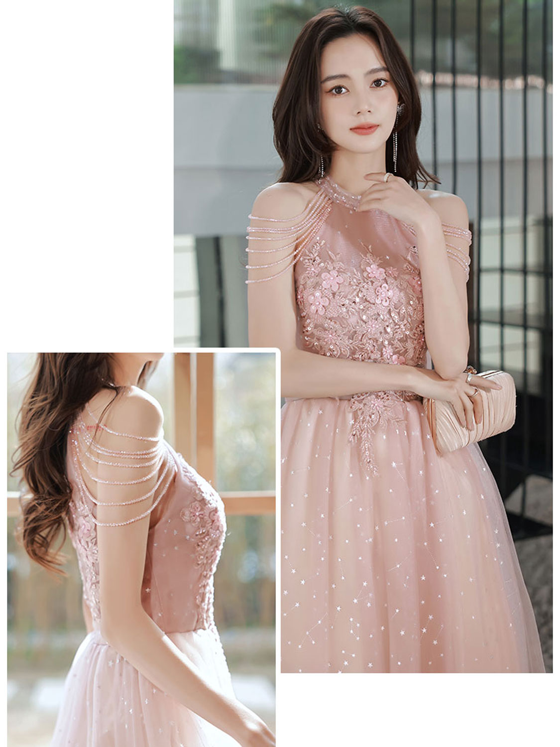 A-Line Pink Tulle Lace Tea Length Prom Dress, Pink Tulle Formal Dresses