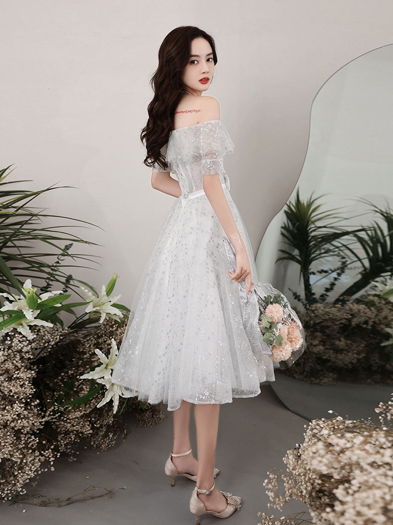 Cute A line Sequin Short Prom Dress, White Short Puffy Homecoming Dress