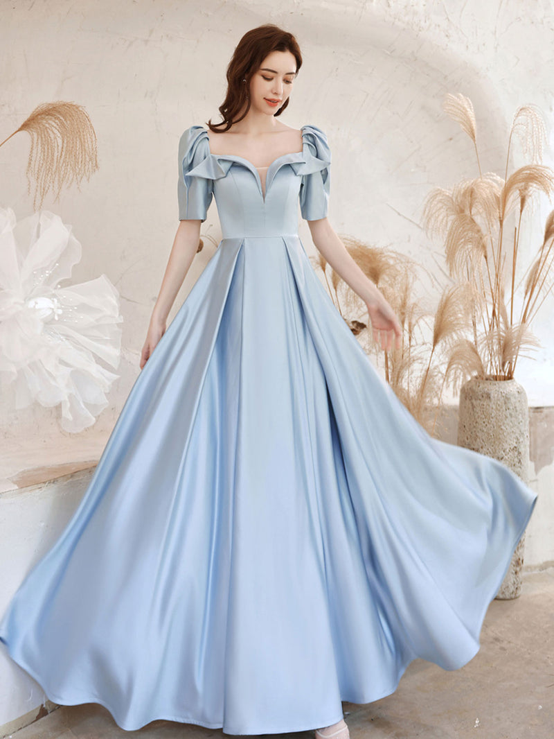 A-Line Square Neckline Satin Blue Long Prom Dress, Blue Evening Dresse – shopluu
