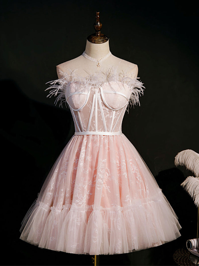 Pink Sweetheart Neck Tulle Lace Short Prom Dress, Puffy Pink Homecomin – shopluu