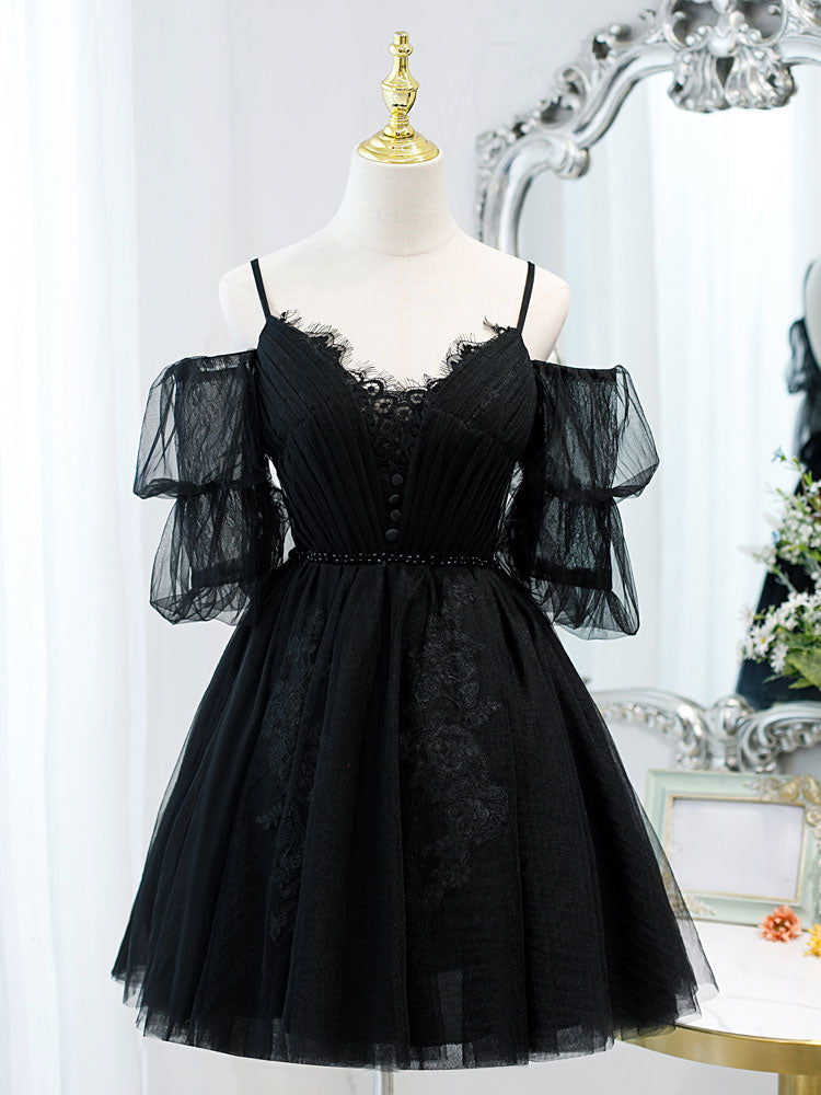 mini black prom dresses A line V Neck Lace Short/Mini Dress, Black Puffy Homecoming – shopluu low dresses with overskirts