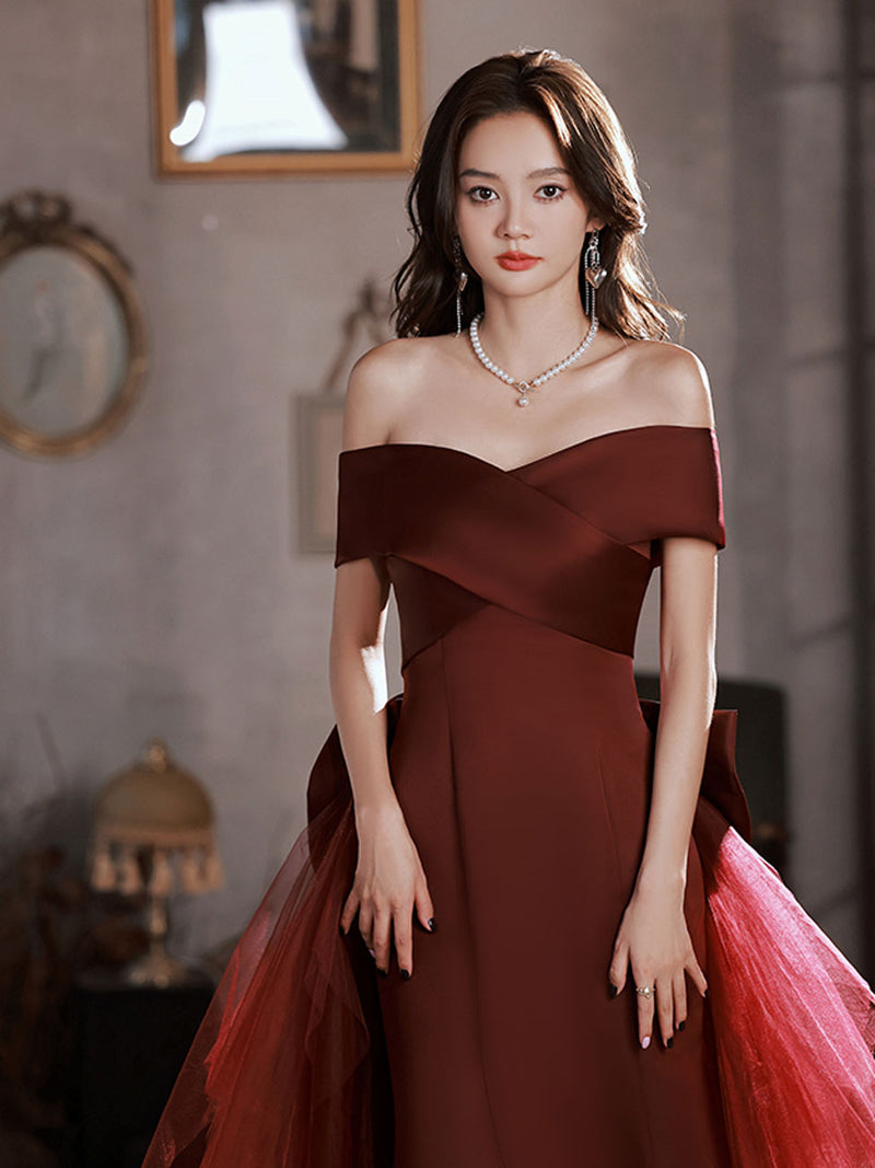 Burgundy Mermaid Sweep Train Long Prom Dress, Off Shoulder Satin Burgundy Evening Dress US 4 / Custom Color Burgundy Mermaid Sweep Train Long Prom Dress, Off Shoulder Satin Burgundy Evening Dress US 4 / Custom Color
