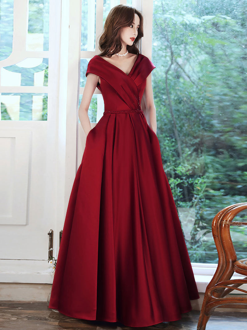 Simple V Neck Burgundy Long Prom Dress, Burgundy A-line Formal Dresses Simple V Neck Burgundy Long Prom Dress, Burgundy A-line Formal Dresses