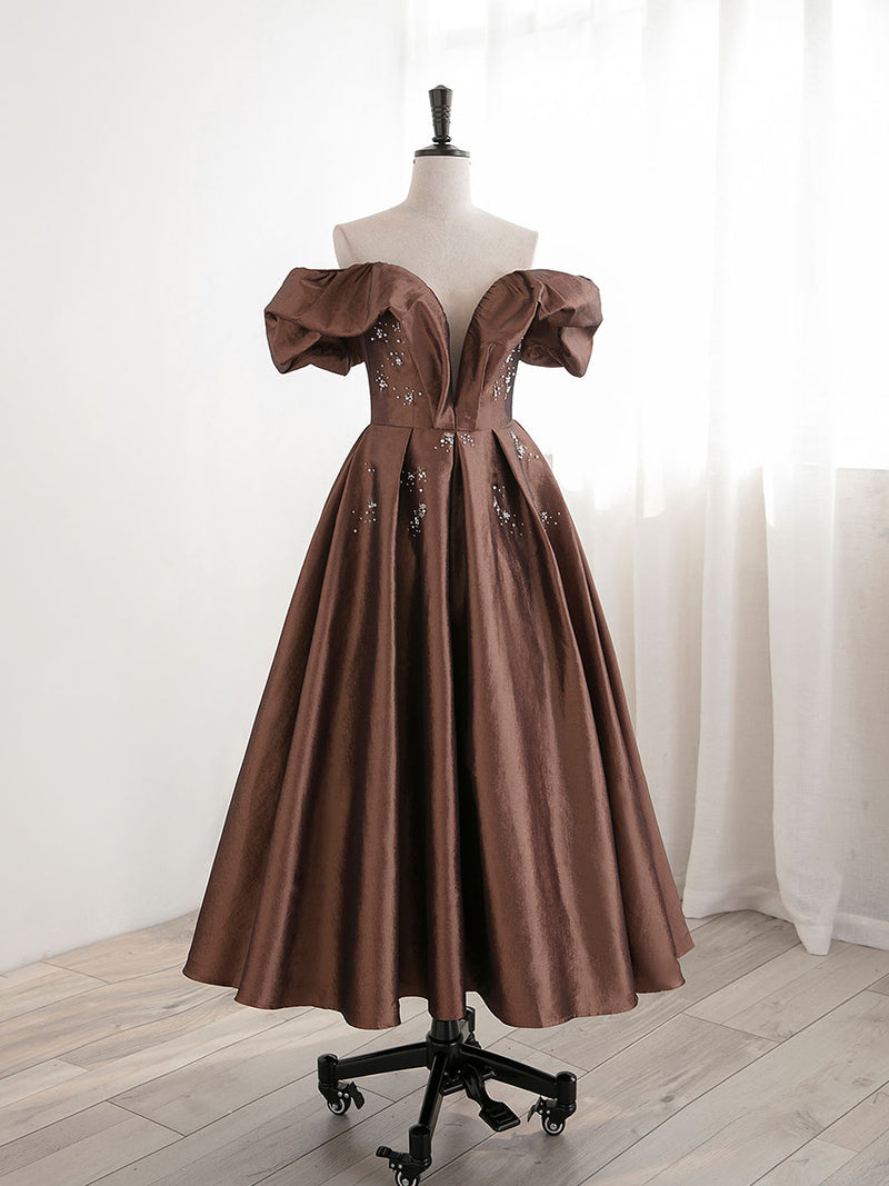 A-Line Tea length Brown Prom dresses, Off Shoulder Brown Formal Dress shopluu A-Line Tea length Brown Prom dresses, Off Shoulder Brown Formal Dress shopluu