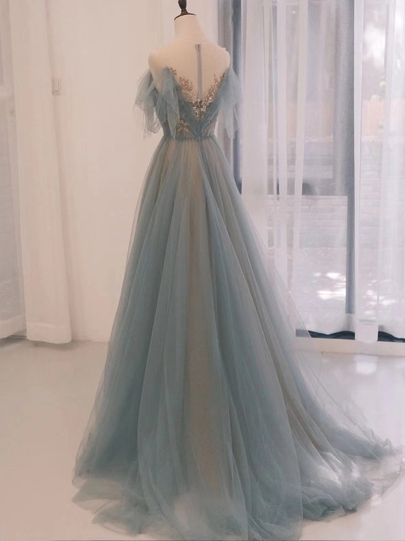 A-Line Scoop Neckline Tulle Gray Blue Long Prom Dress with Sequin shopluu A-Line Scoop Neckline Tulle Gray Blue Long Prom Dress with Sequin shopluu