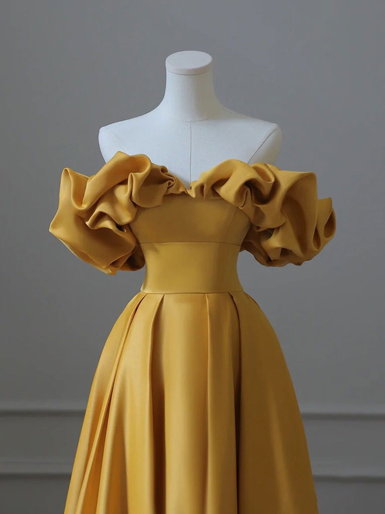 Yellow Satin Long Prom Dress, Off Shoulder A-Line Evening Dress US 10 / Yellow Yellow Satin Long Prom Dress, Off Shoulder A-Line Evening Dress US 10 / Yellow