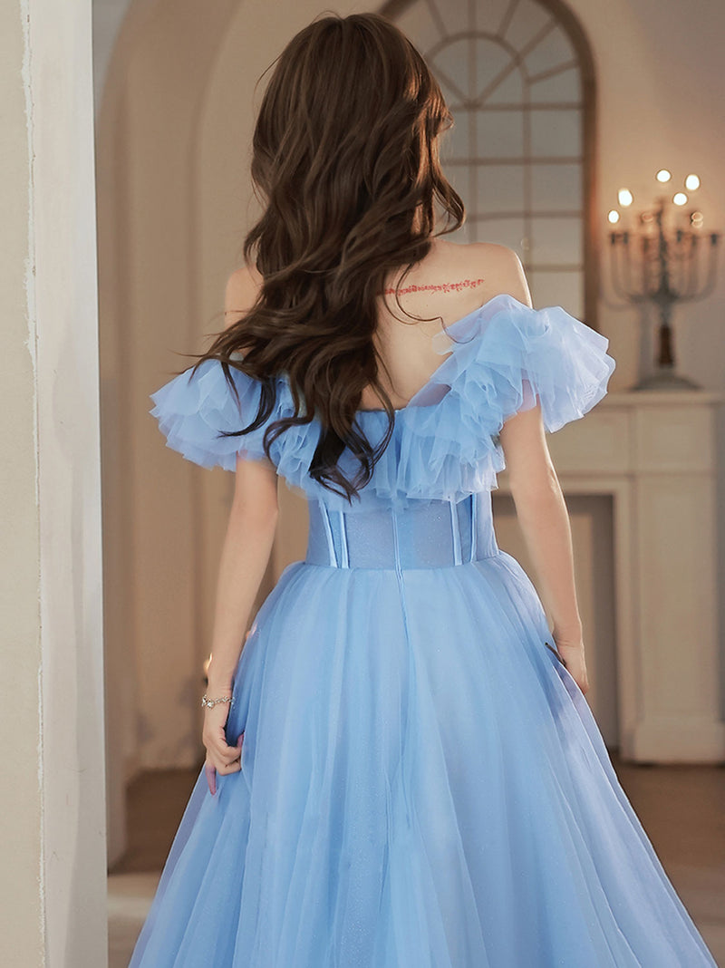A-Line Tulle Lace Blue Long Prom Dress, Blue Formal Dresses – shopluu