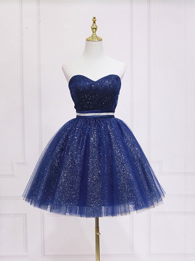 Dark Blue Sweetheart Neck Tulle Sequin Short Prom Dress Blue Puffy Hom shopluu Dark Blue Sweetheart Neck Tulle Sequin Short Prom Dress Blue Puffy Hom shopluu