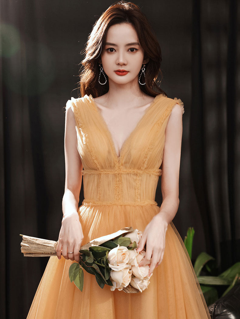 Yellow V Neck Tulle Tea Length Prom Dress, Yellow Homecoming Dresses US 10 / Yellow Yellow V Neck Tulle Tea Length Prom Dress, Yellow Homecoming Dresses US 10 / Yellow