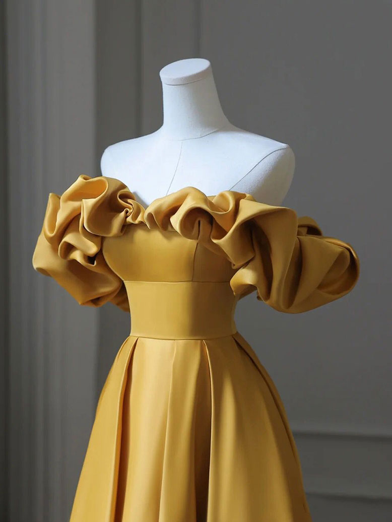 Yellow Satin Long Prom Dress, Off Shoulder A-Line Evening Dress US 10 / Yellow Yellow Satin Long Prom Dress, Off Shoulder A-Line Evening Dress US 10 / Yellow