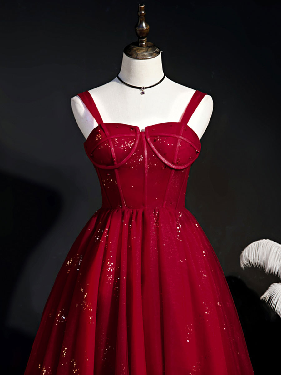 Burgundy Sweetheart Neck Tulle Sequin Short Prom Dress, Puffy Cute Homecoming Dresses